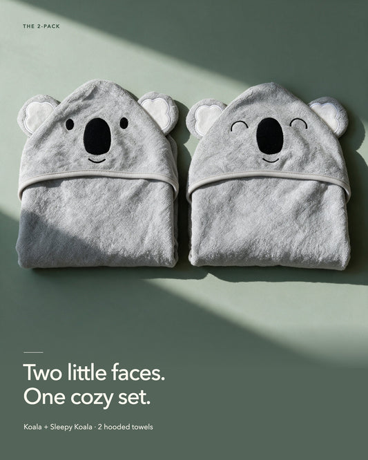 The Koala and Sleepy Koala hooded towels side by side