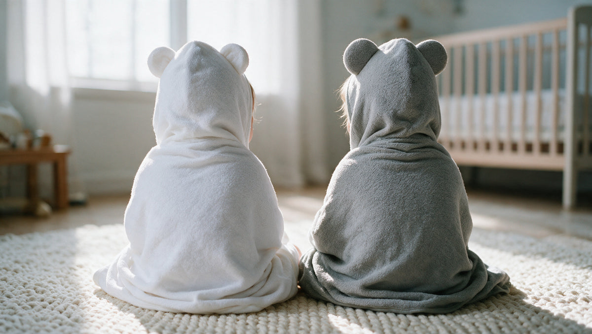 Two toddlers seen from behind in the Little Bear and Koala hooded towels