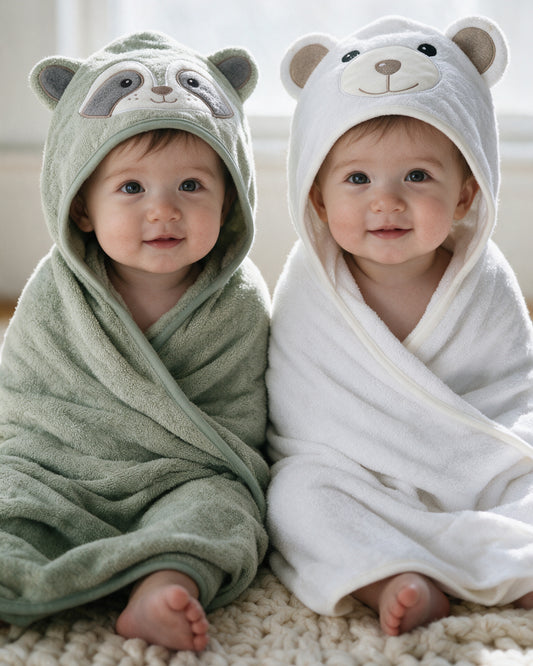 Two babies in the Little Bear and Raccoon hooded towels