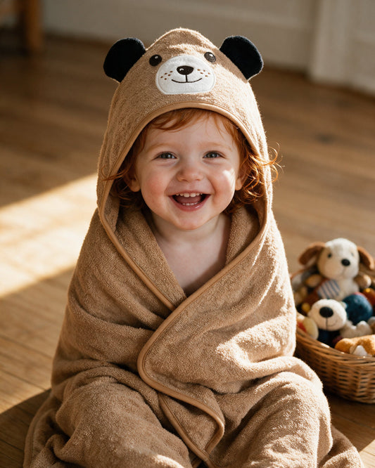 Toddler wrapped in the caramel dog hooded towel beside a basket of toys