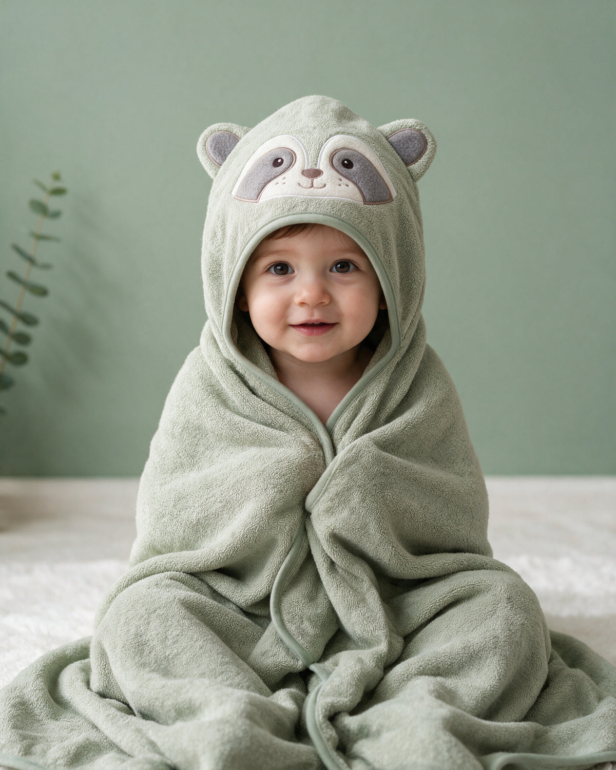 Baby sitting wrapped in The Raccoon hooded towel against a soft sage wall