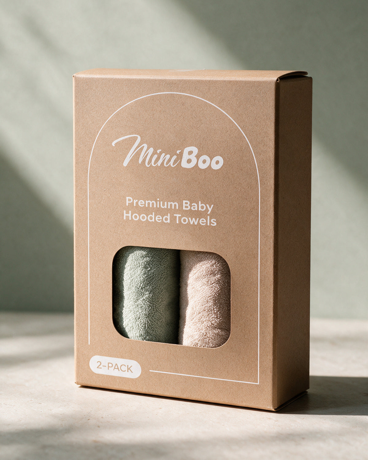 2-Pack Cream Bear + The Raccoon hooded towels in the MiniBoo box