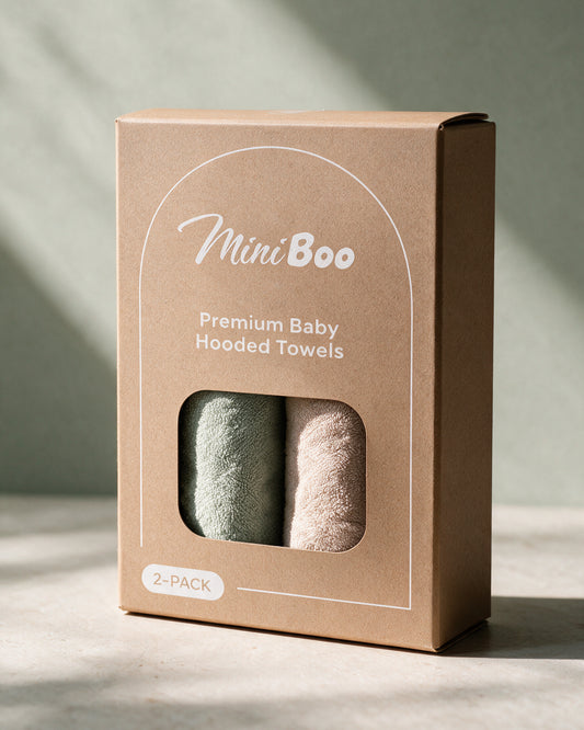 2-Pack Cream Bear + The Raccoon hooded towels in the MiniBoo box