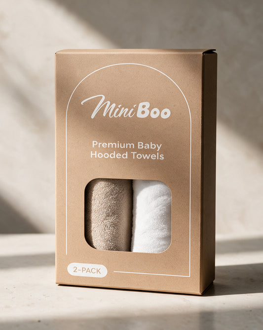 2-Pack Cream Bear + Little Bear hooded towels in the MiniBoo box