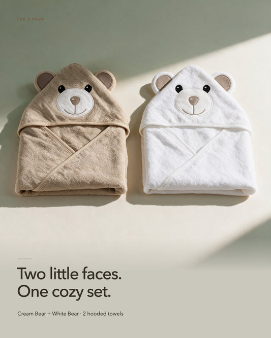 Cream Bear and Little Bear hooded towels side by side