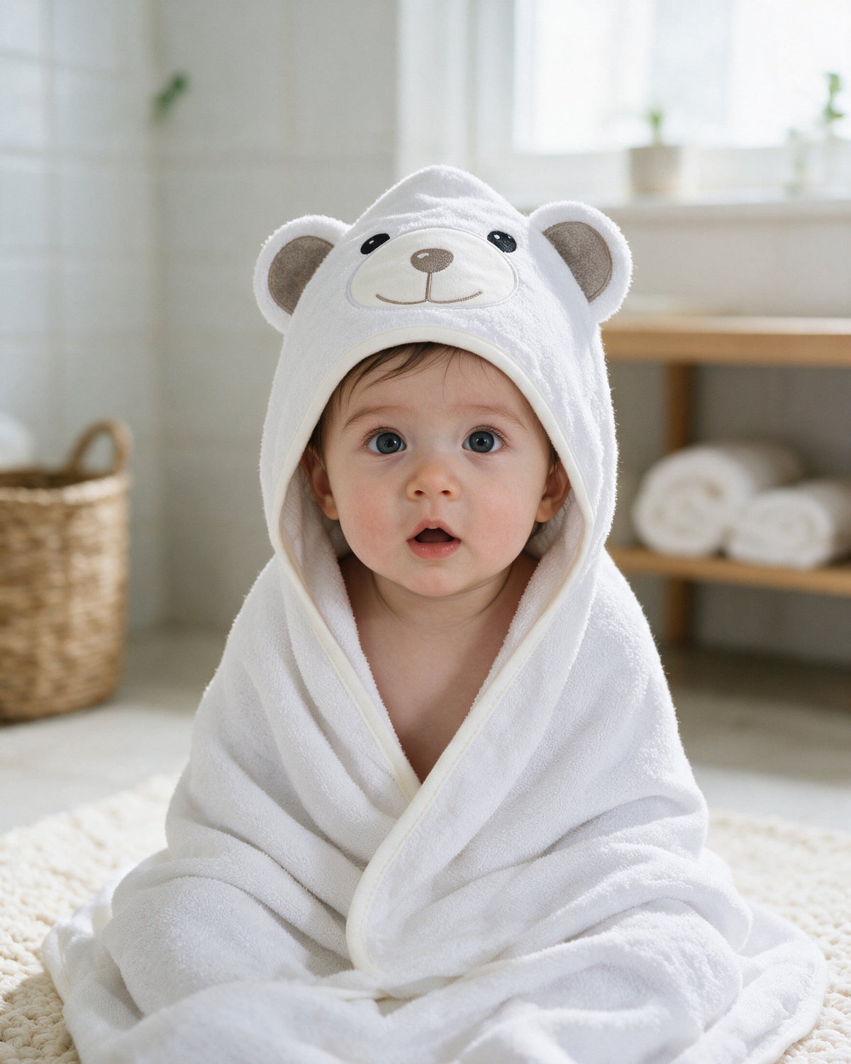 Baby sitting wrapped in the white Little Bear hooded towel