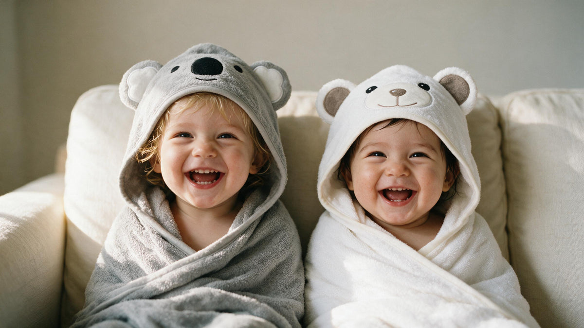 Two toddlers laughing on a sofa in The Koala and Little Bear hooded towels