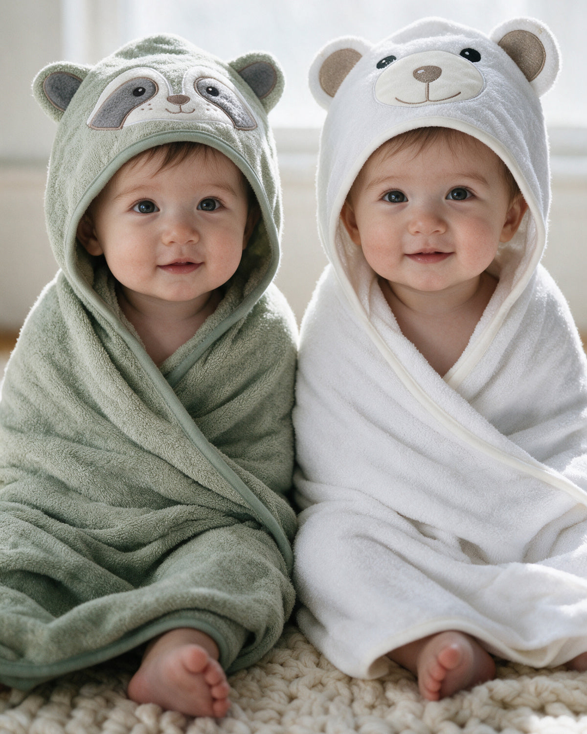 Two babies in the Little Bear and Raccoon hooded towels