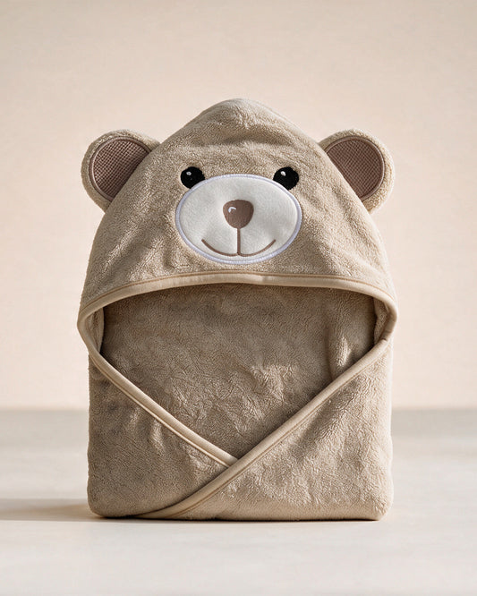 Cream Bear hooded baby towel in warm sand beige, on a cream background