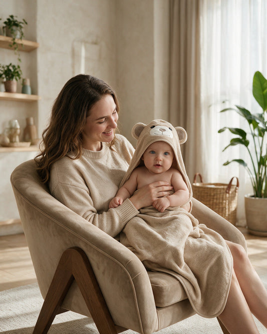 Mother holding her baby wrapped in the Cream Bear hooded towel