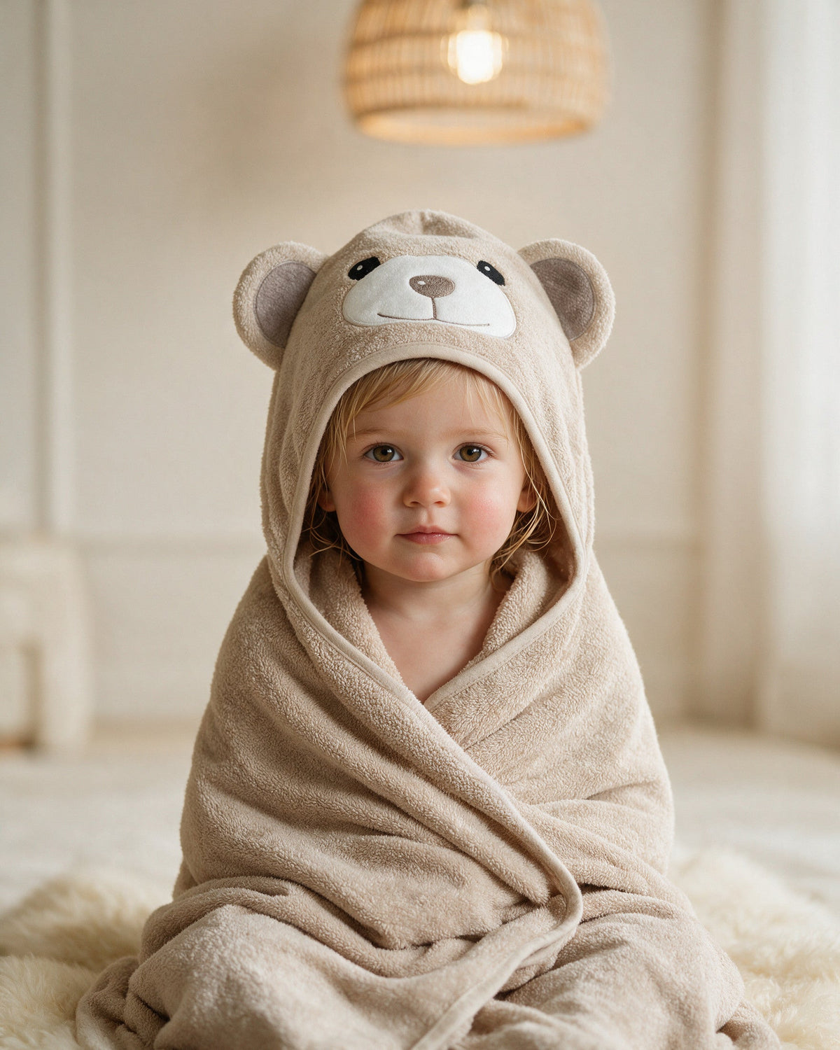Toddler sitting wrapped in the Cream Bear hooded towel