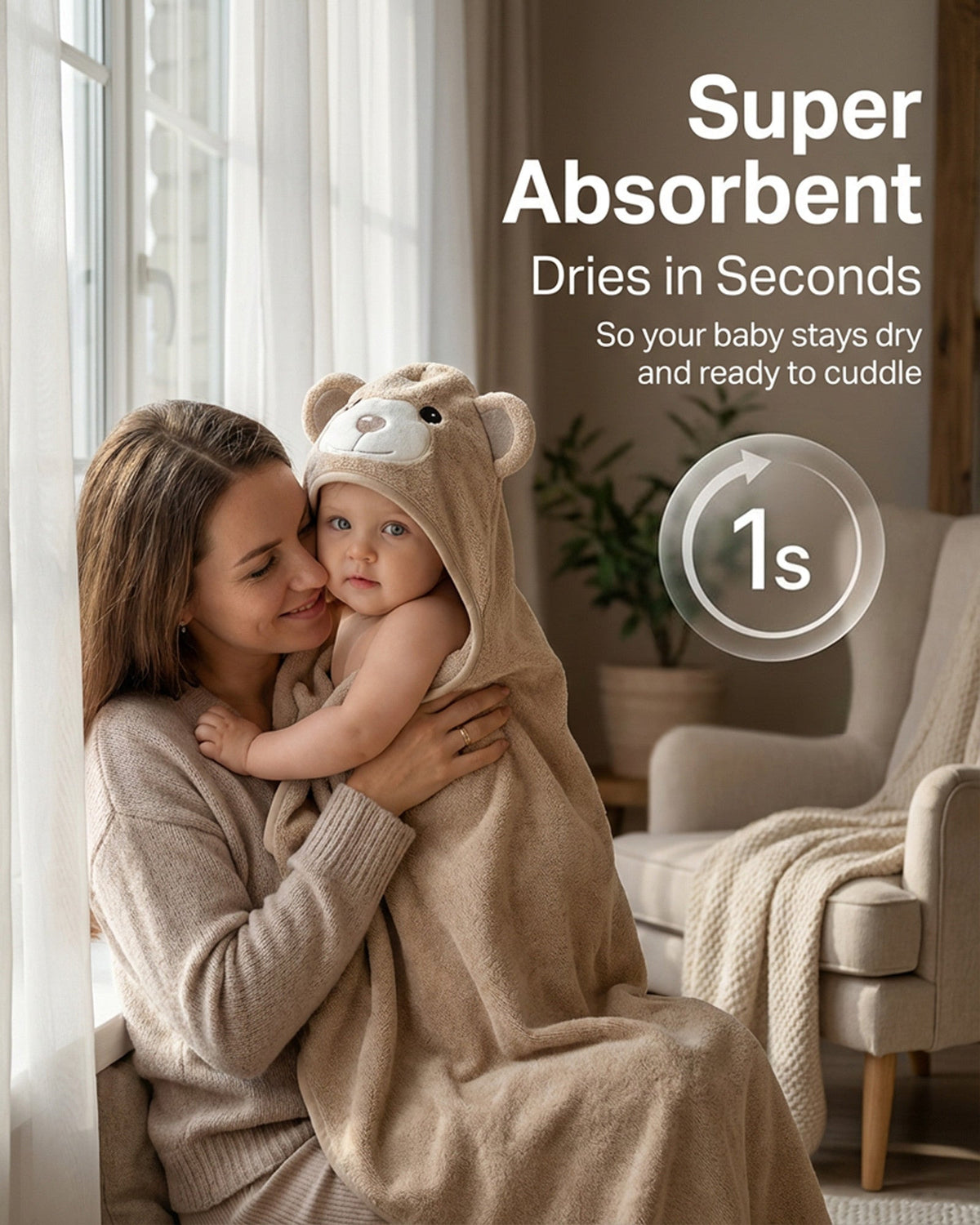 Mother cuddling her baby wrapped in the Cream Bear hooded towel