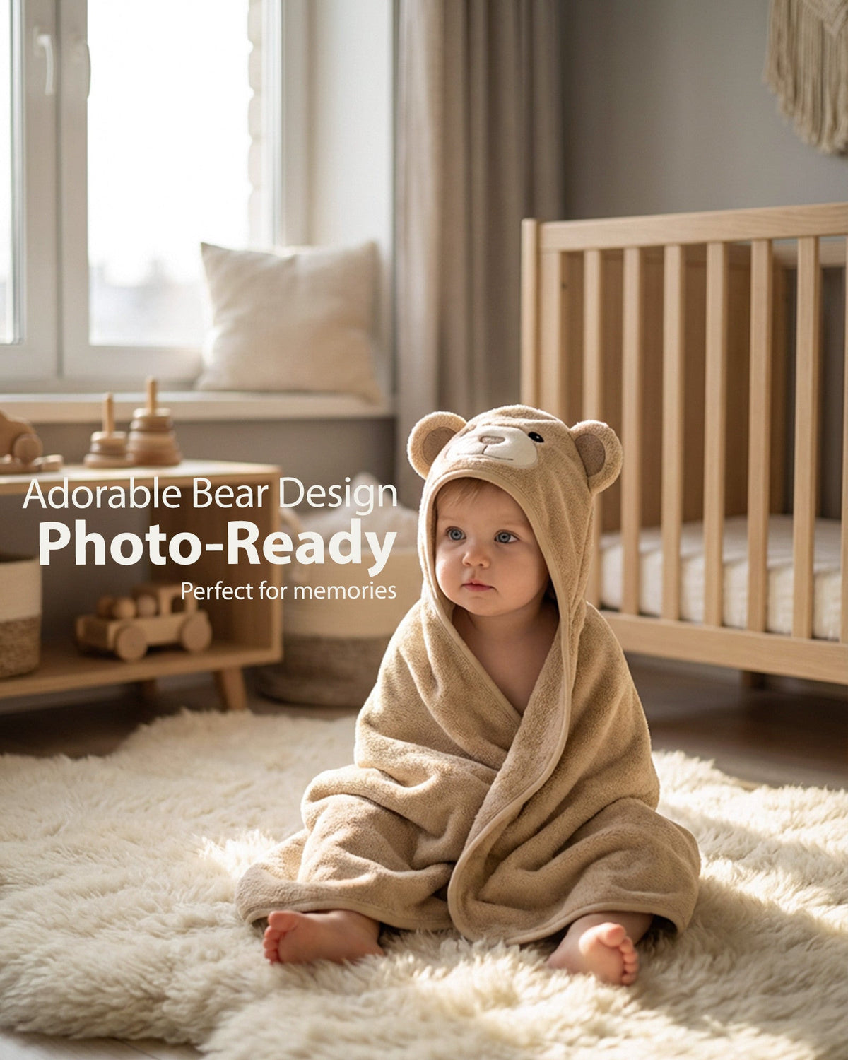 Adorable bear design – toddler in the Cream Bear hooded towel on a soft rug