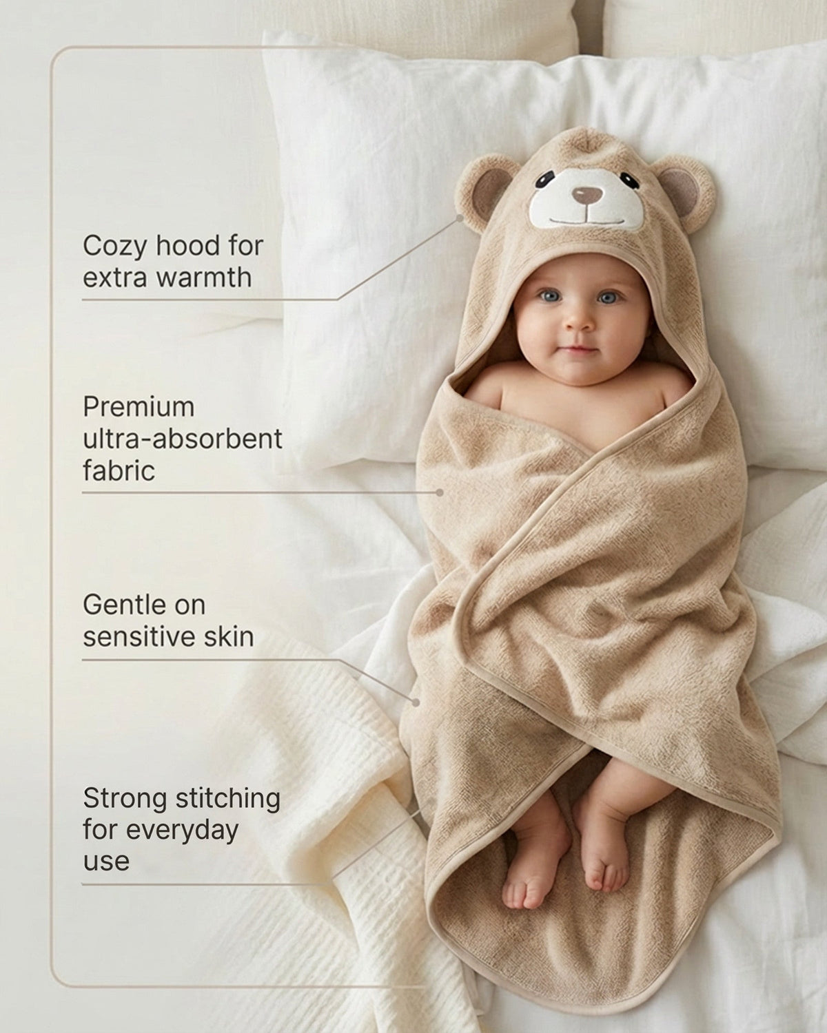 Cream Bear towel details – cozy hood, soft fabric and strong stitching