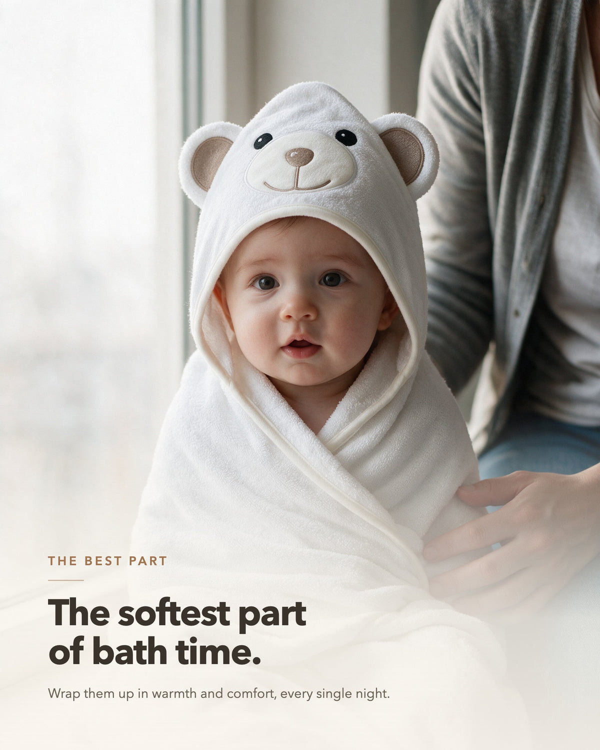 The softest part of bath time – baby in the Little Bear hooded towel