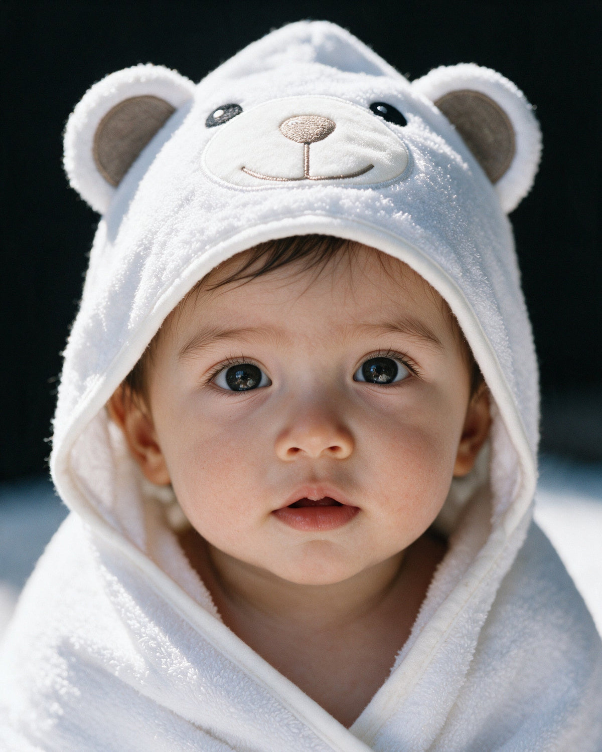Close portrait of a baby in the white bear hood