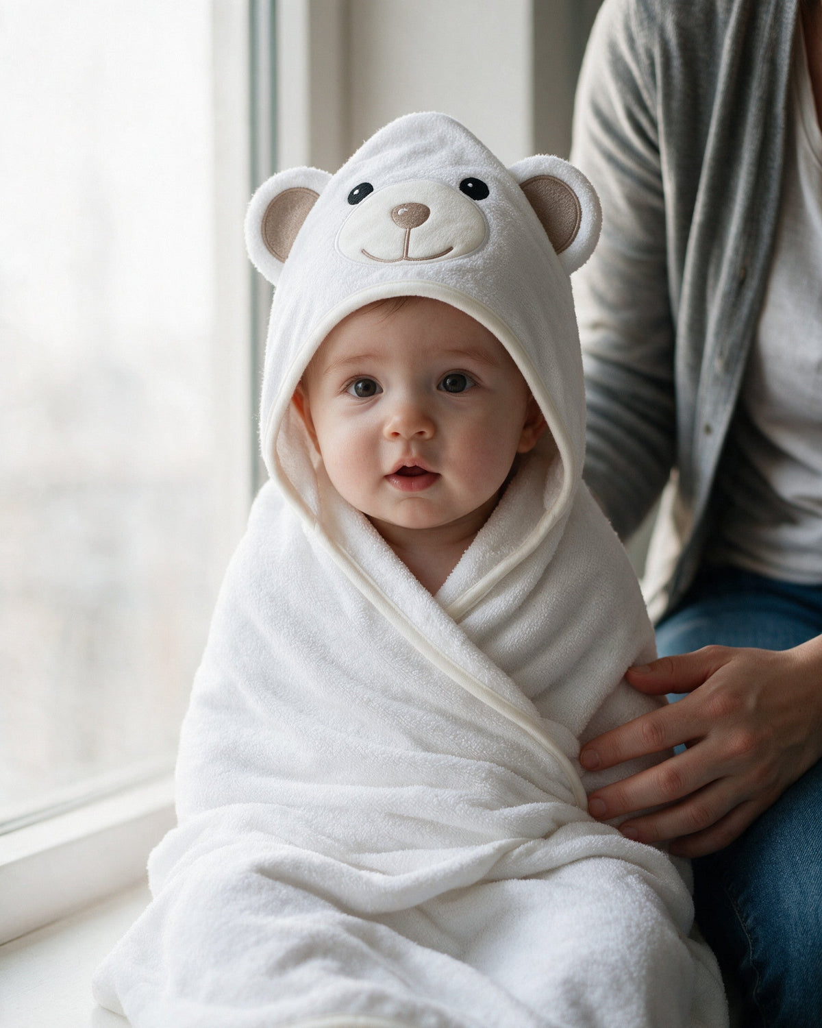 Baby wrapped in the Little Bear towel by the window