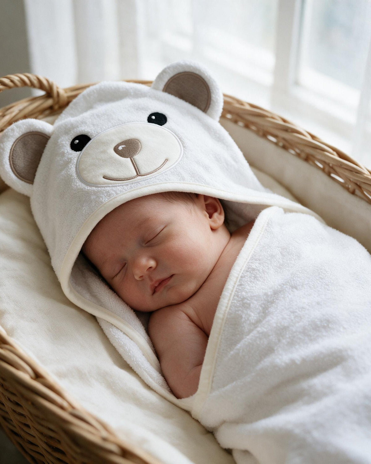 Newborn sleeping in a Moses basket, wrapped in the white bear towel