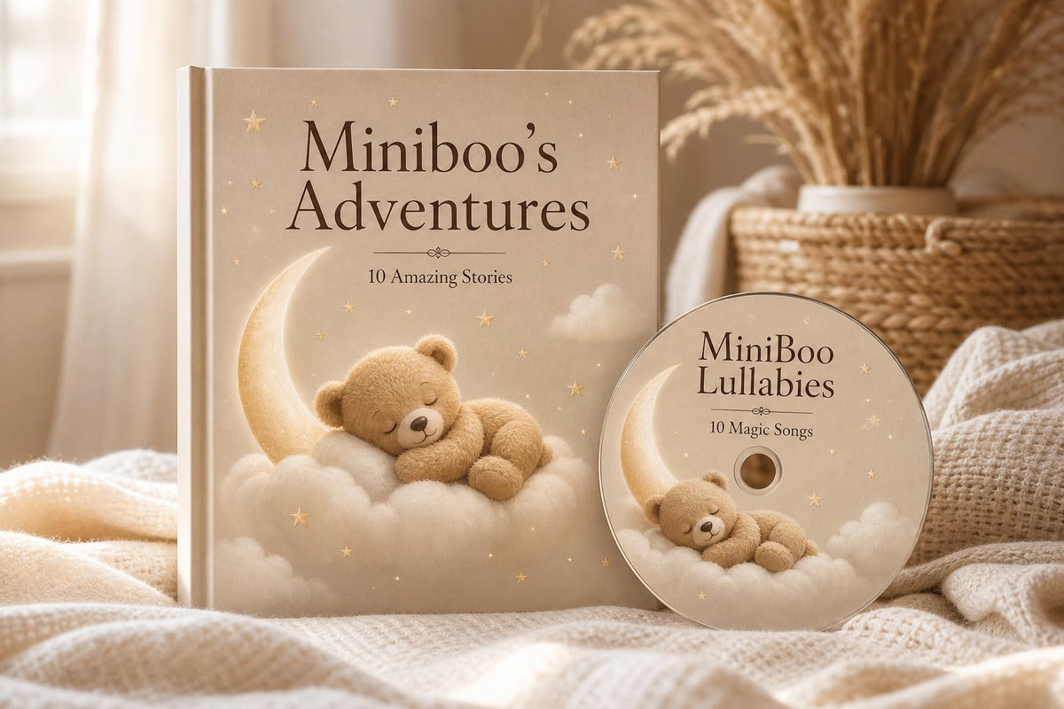 The MiniBoo storybook and lullabies disc on a soft cream blanket
