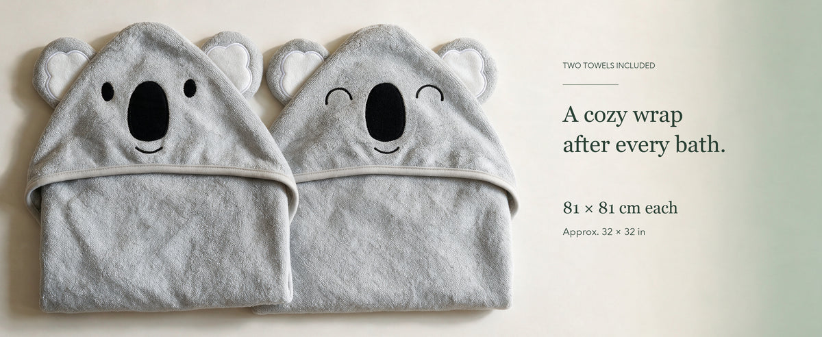The Koala and Sleepy Koala hooded towels side by side: a cozy wrap after every bath, 81 × 81 cm each
