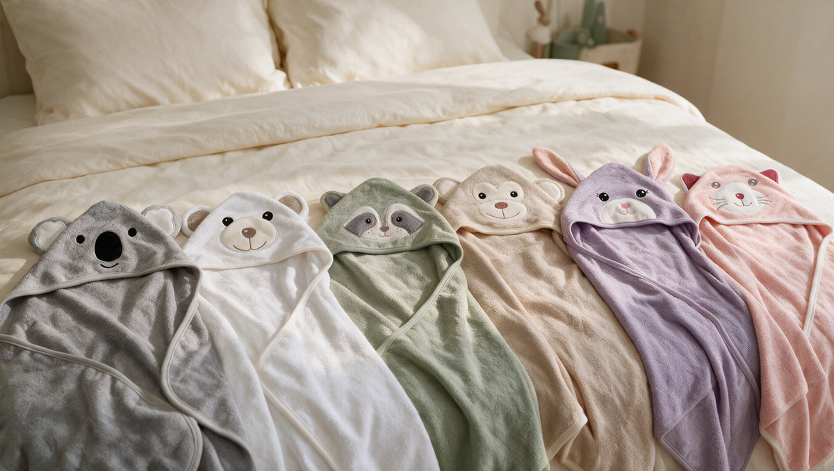 The MiniBoo hooded towel family laid out on a bed: koala, bear, raccoon, monkey, bunny and cat