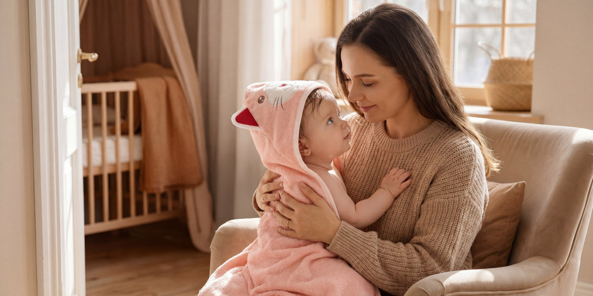 A mother cuddling her baby wrapped in a pink cat hooded towel