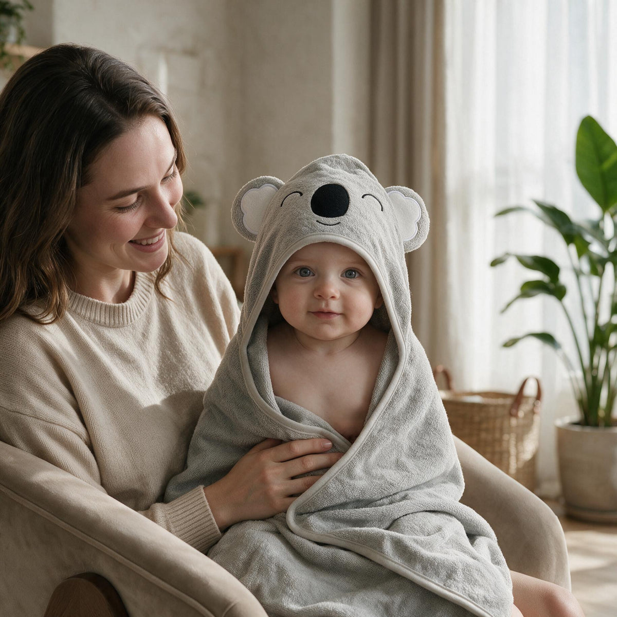 Mother cuddling her baby wrapped in the Sleepy Koala hooded towel by the window