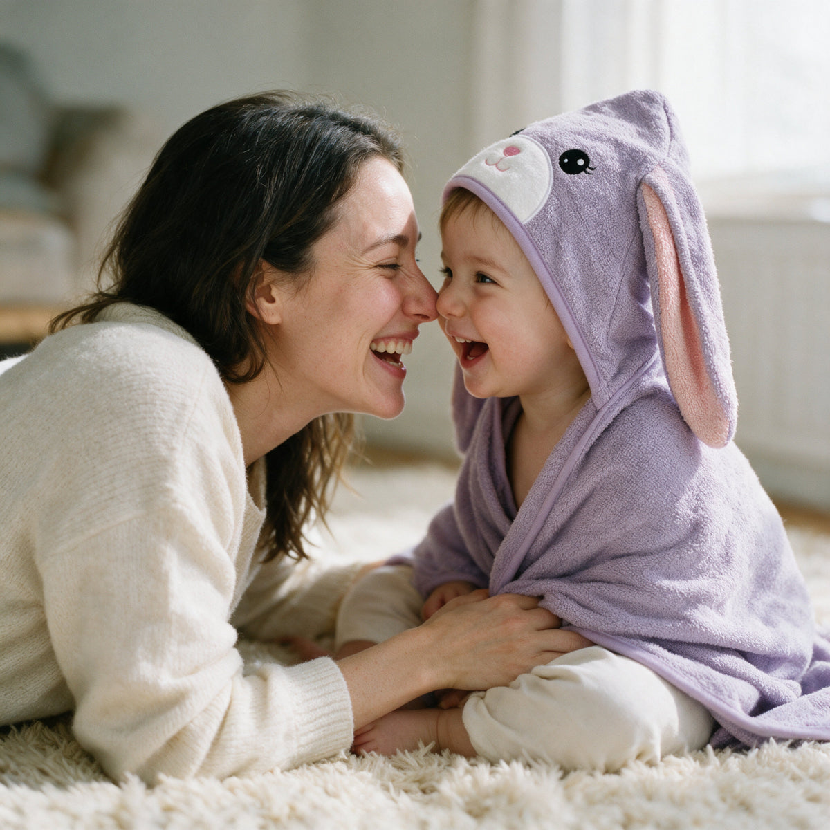 Mother and toddler nose to nose in The Bunny hooded towel