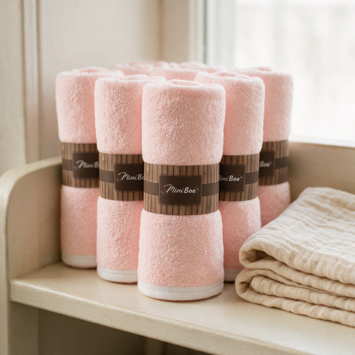 Pink bamboo washcloths rolled on a nursery shelf