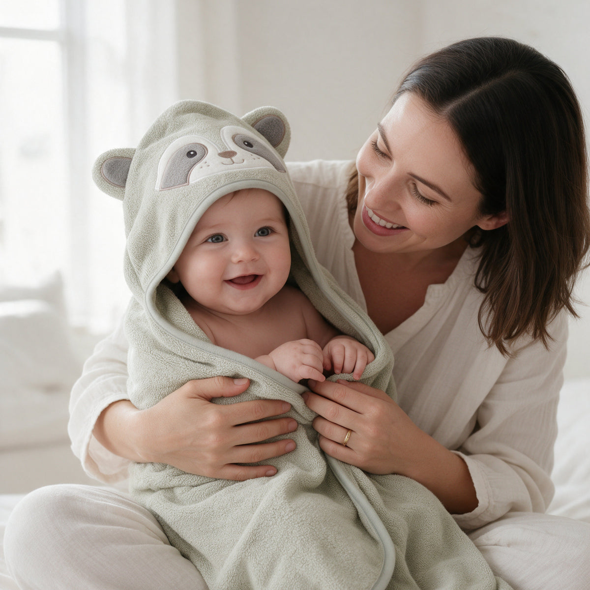 Mother and baby laughing, the baby wrapped in The Raccoon hooded towel