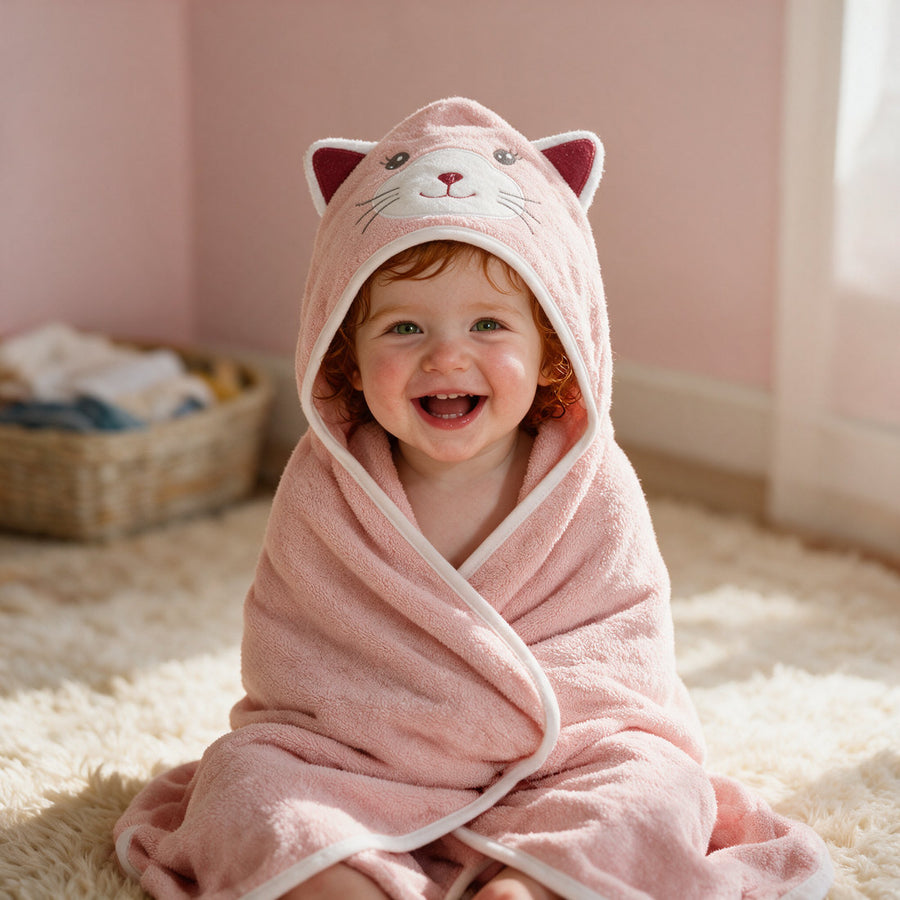 Toddler laughing in The Cat hooded towel