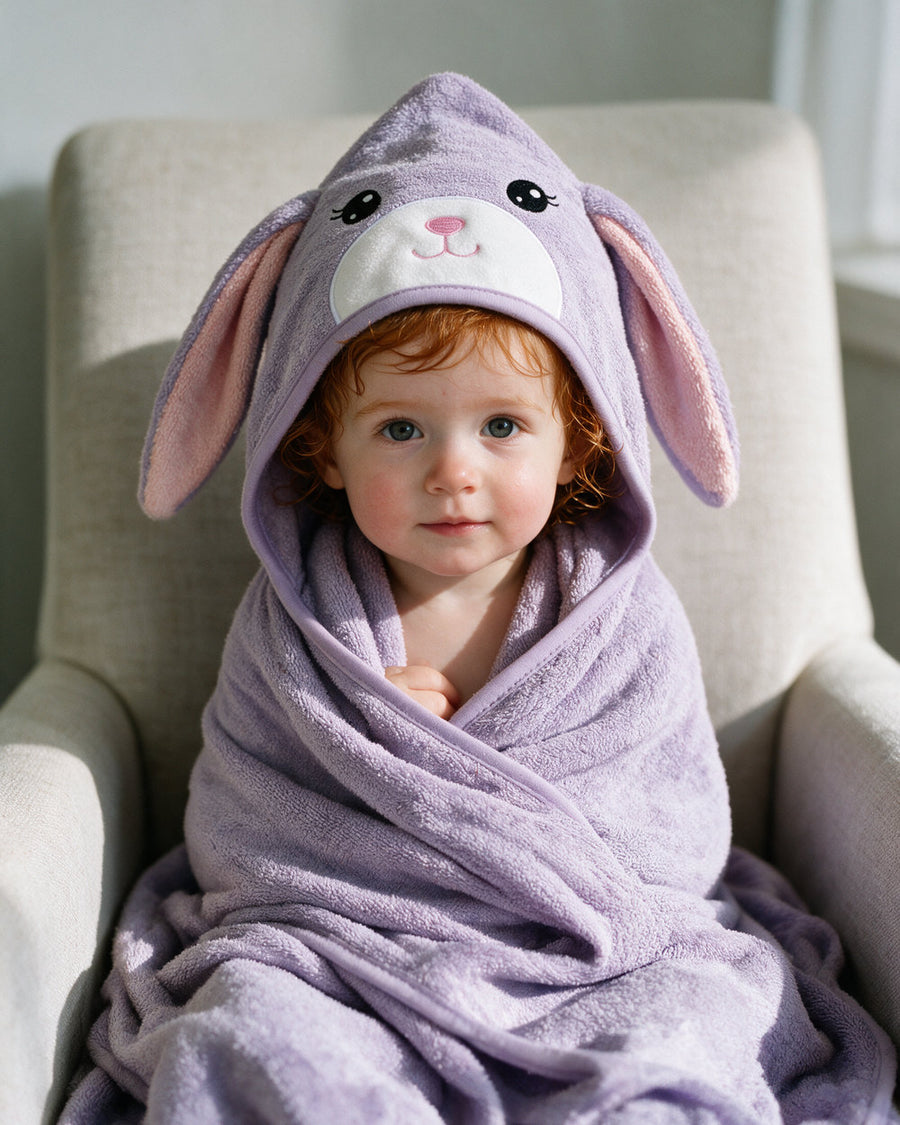 Toddler in The Bunny hooded towel in an armchair