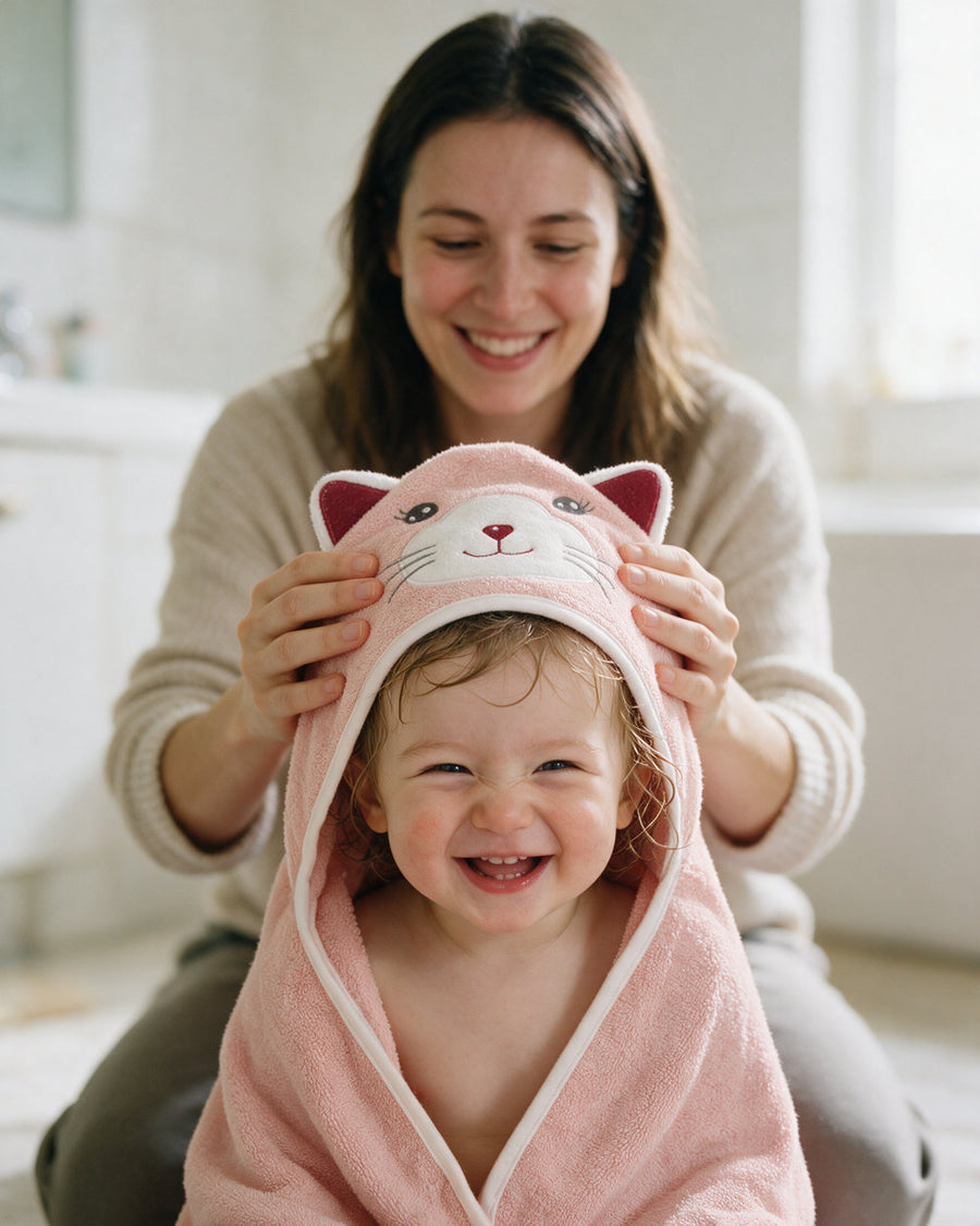 Mother adjusting the cat hood on her laughing toddler