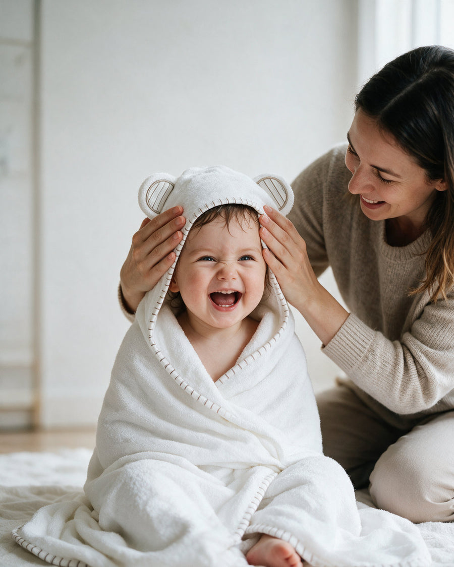 Mother adjusting the hood of the Striped Cub towel
