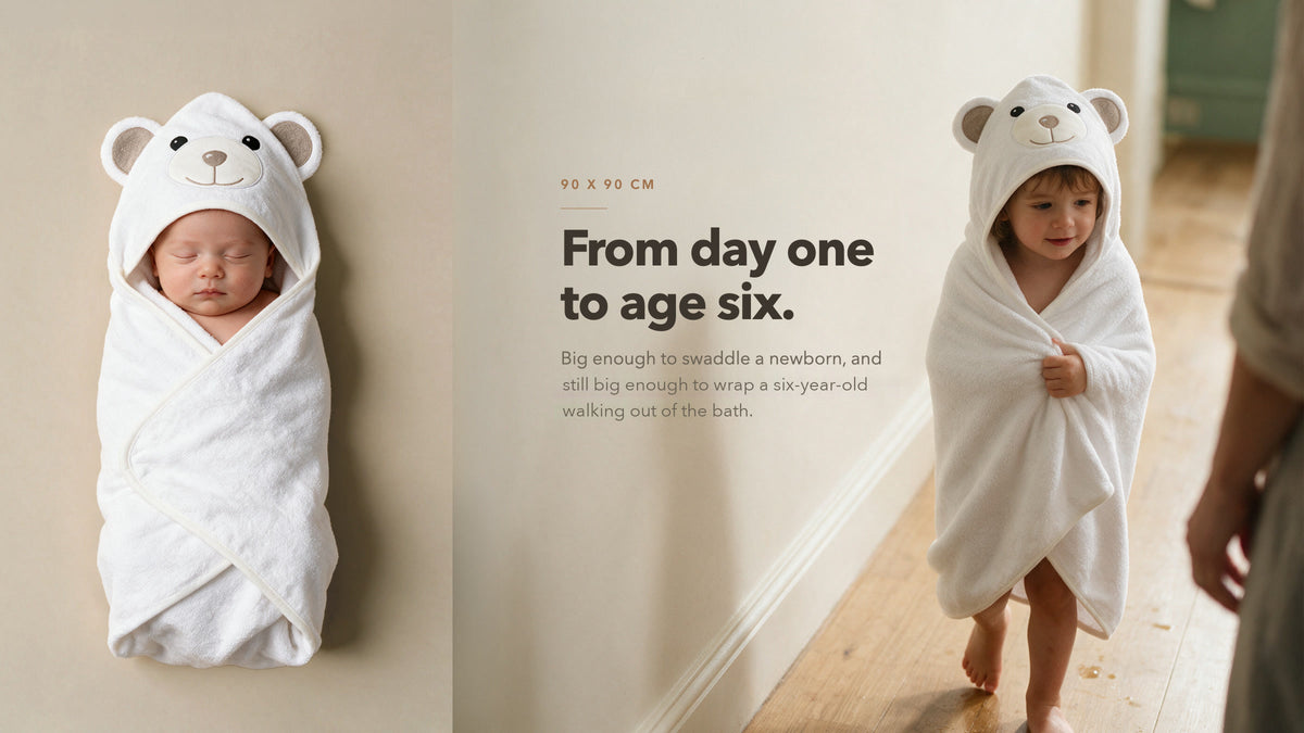 From day one to age six: The Bear towel wraps a newborn and a six-year-old