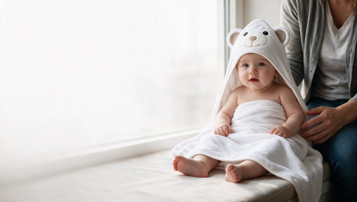 Baby sitting on a window seat wrapped in The Bear hooded towel
