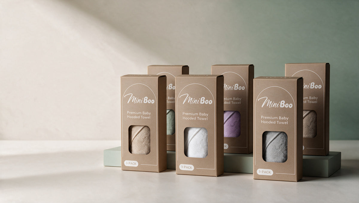 MiniBoo hooded towels in their 1-Pack gift boxes