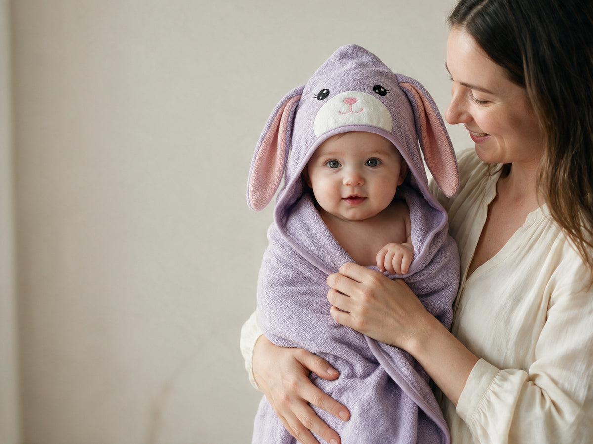Mother holding her baby wrapped in The Bunny hooded towel