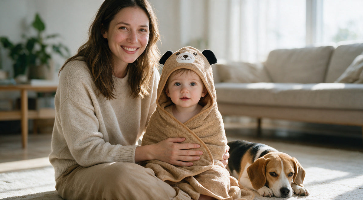Mother and toddler in The Dog hooded towel at home, with the family beagle