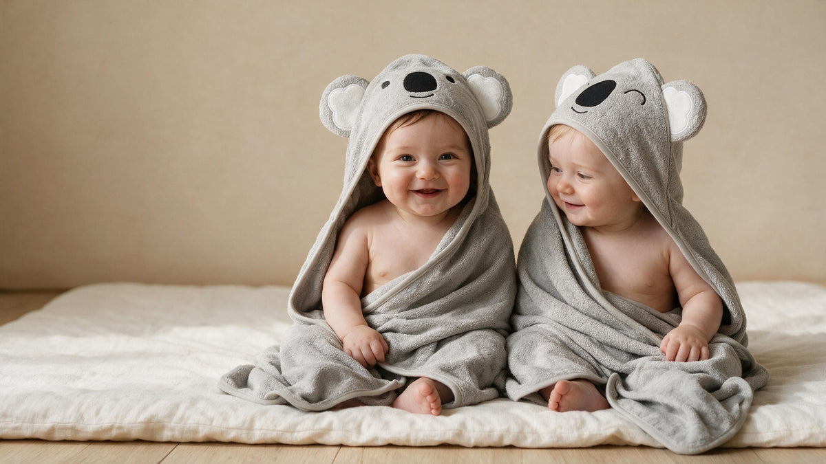Two babies laughing in The Koala and Sleepy Koala hooded towels