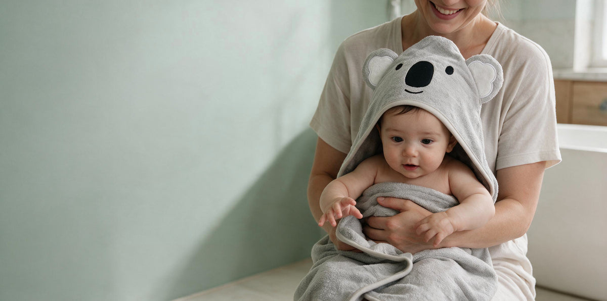Mother holding her baby in The Koala hooded towel