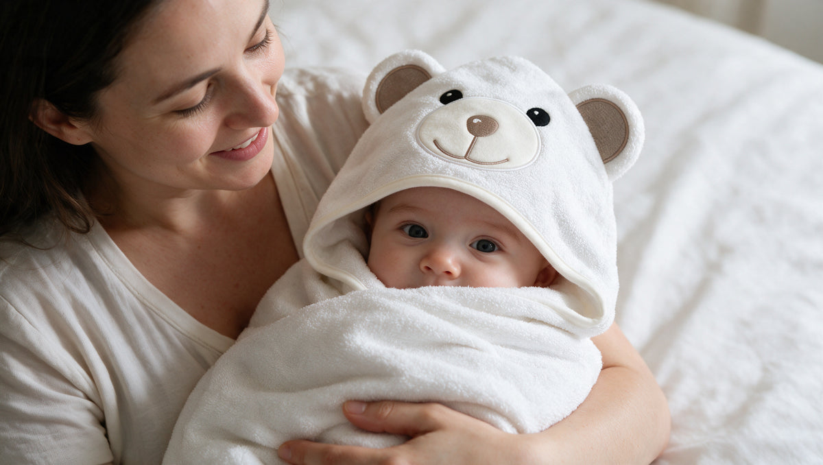 Mother cuddling her baby wrapped in the white Little Bear hooded towel