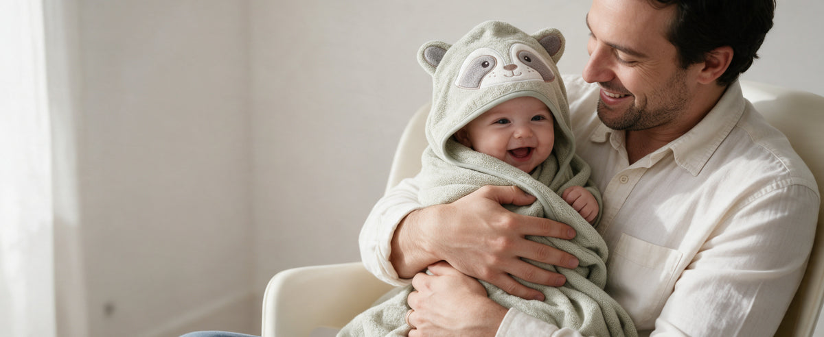 Dad hugging his smiling baby wrapped in The Raccoon hooded towel