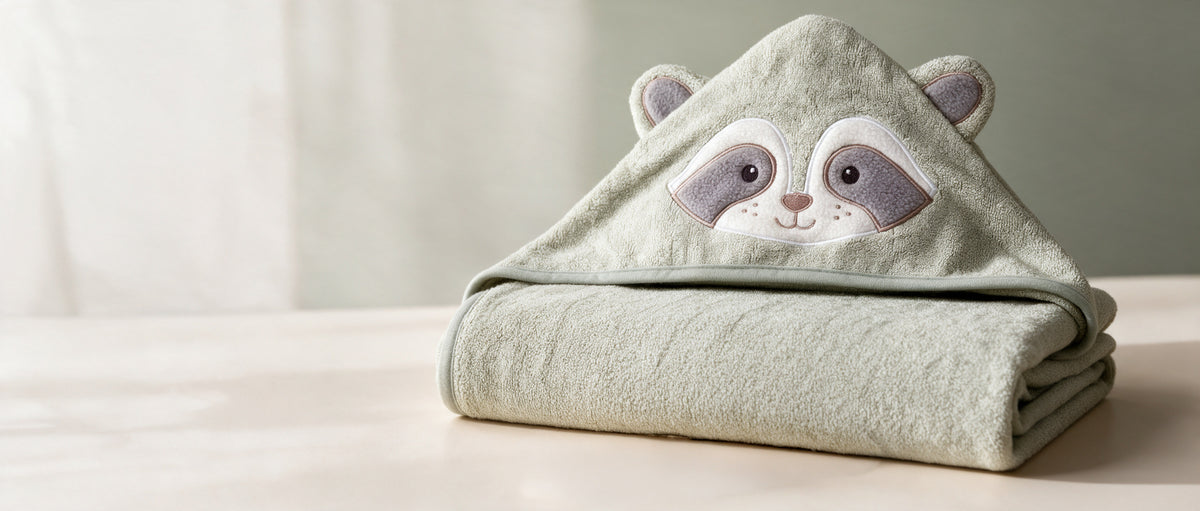 The Raccoon hooded towel folded on a table