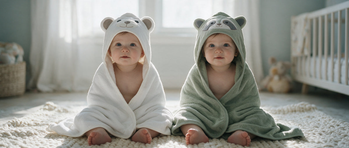 Two babies in the Little Bear and Raccoon hooded towels
