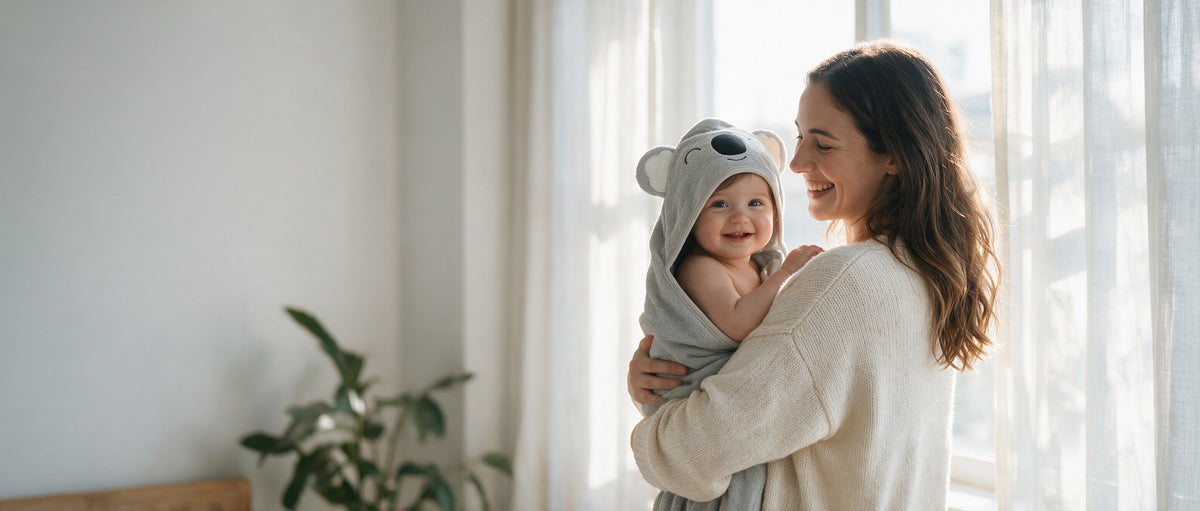 Mother holding her smiling baby wrapped in the Sleepy Koala towel by the window