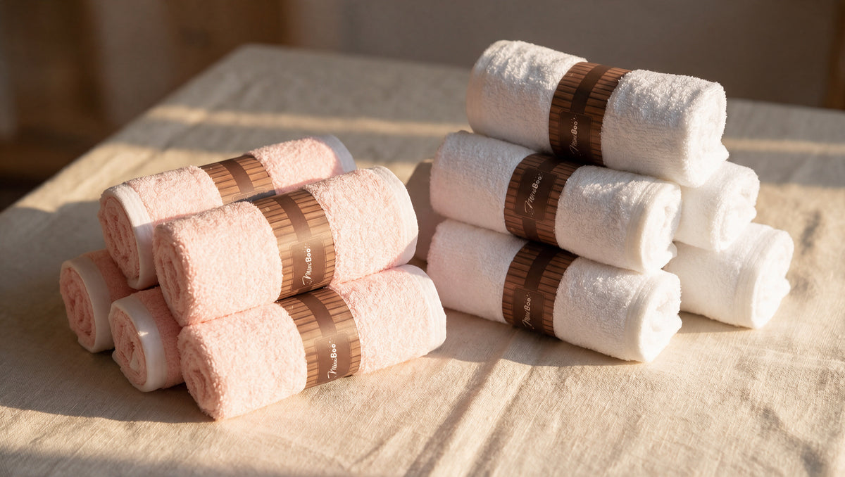 Pink and white MiniBoo washcloths rolled with kraft bands on linen