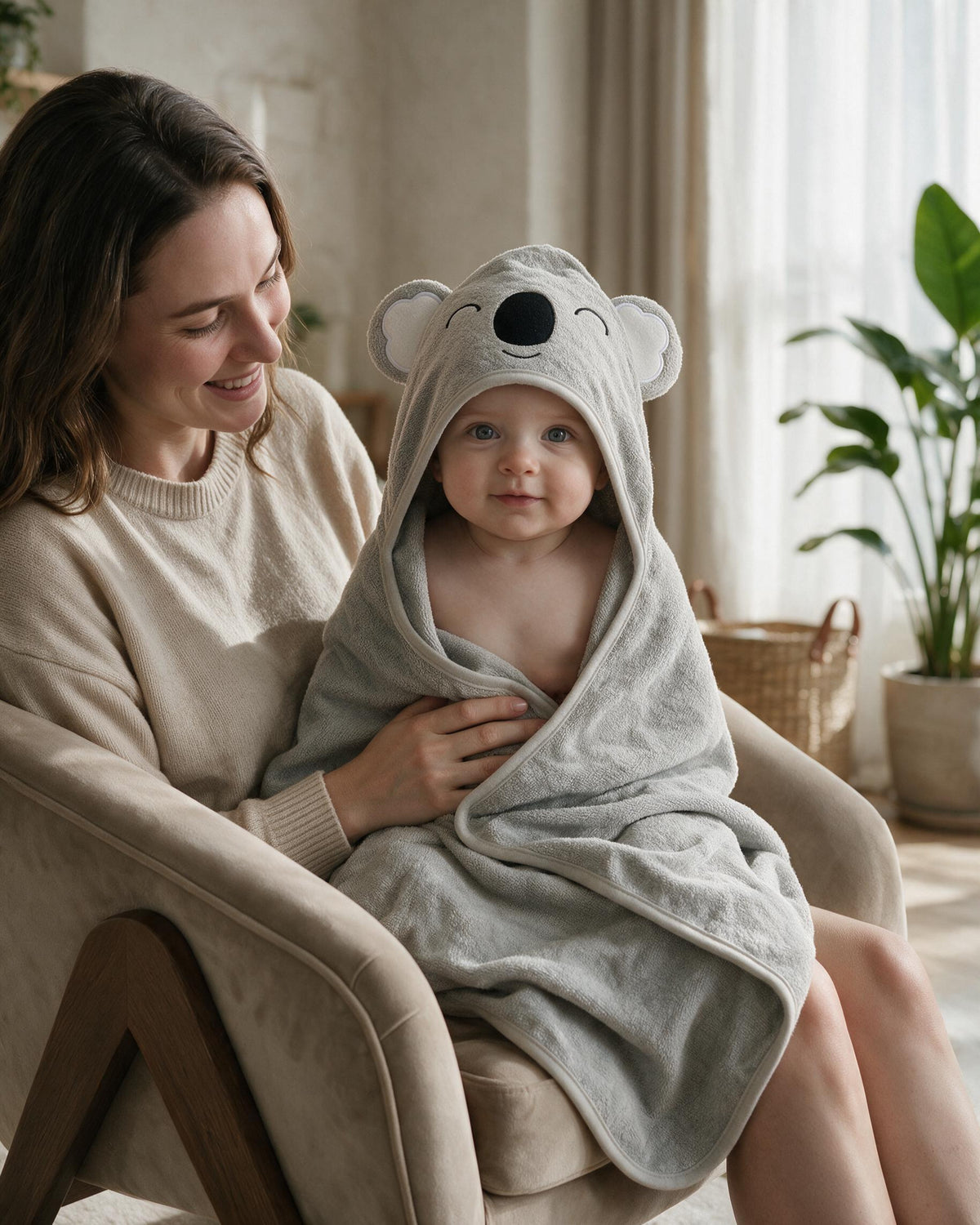 Mother cuddling her baby in the Sleepy Koala towel by the window
