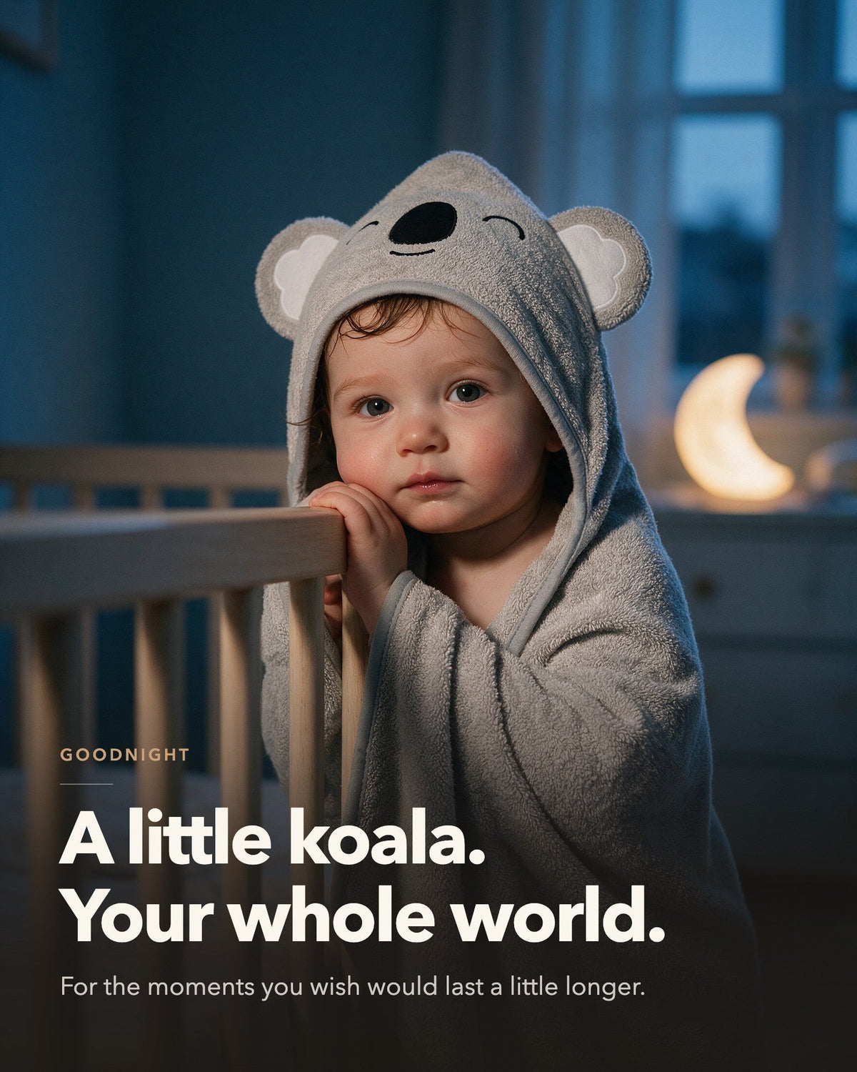 A little koala, your whole world – toddler by the crib at night