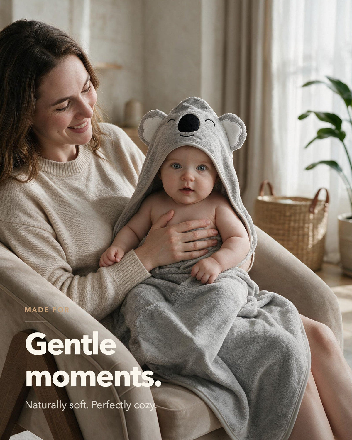 Gentle moments – mother holding her baby in the Sleepy Koala towel
